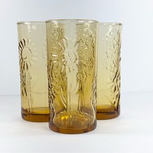Anchor‎ Hocking Vintage Amber Floral Embossed Glass Tumblers